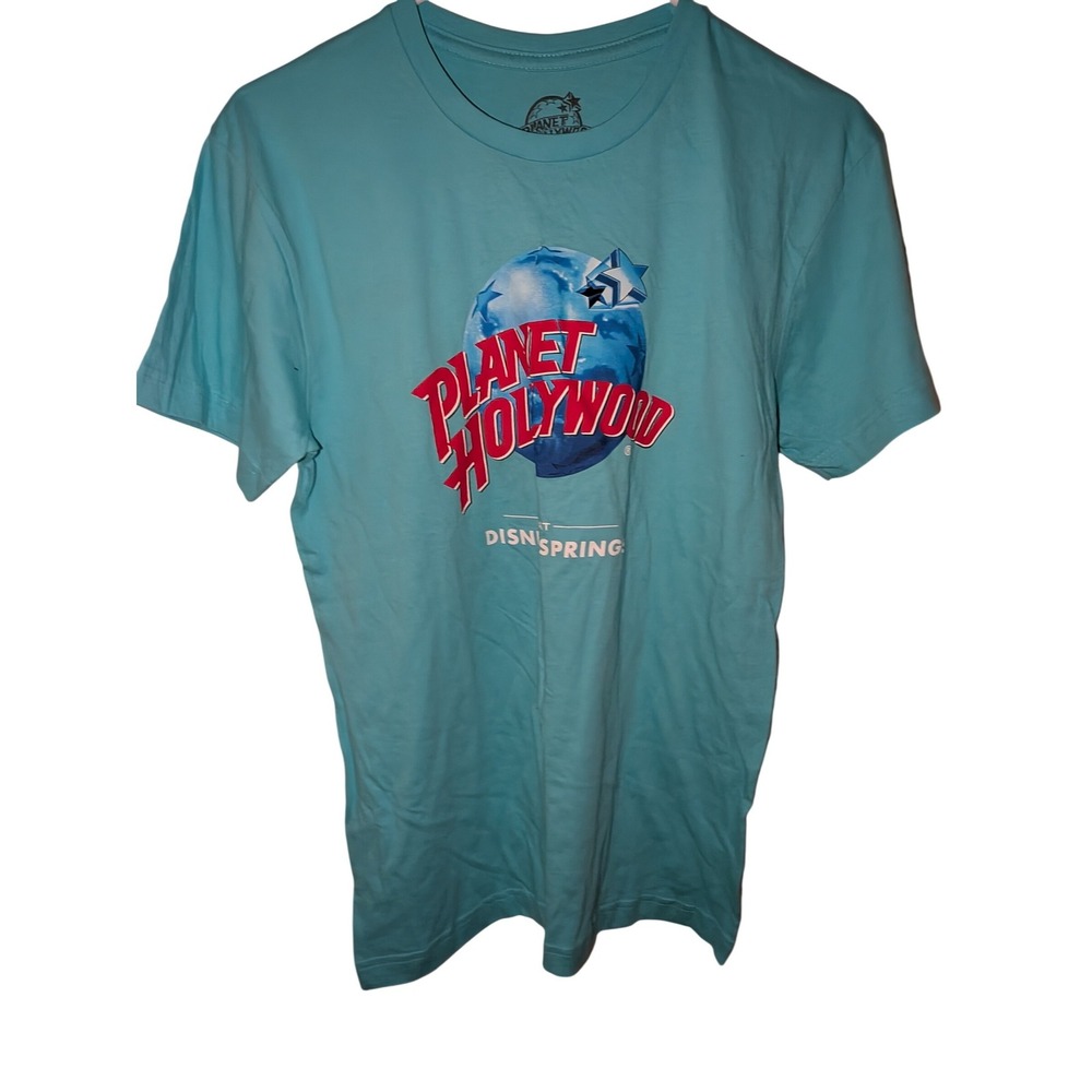 Planet Hollywood Turquoise Blue Graphic Logo T-Shirt Womens Small Disney Cotton